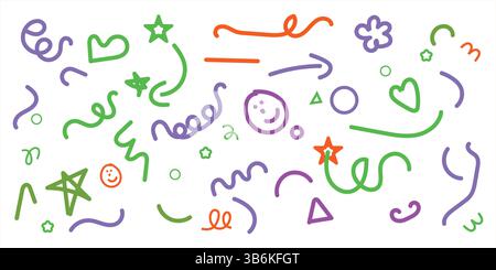 Hand gezeichnetes buntes Doodle Elements Vektor Set - Wirbel, Sterne, Herzen und Gesichter Stock Vektor