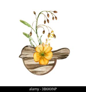 Holzfigur in Form eines Vogels mit einem Blumenstrauß aus Wildblumen, Butterblumen, Getreidepflanzen, Blättern. Alle Objekte sind handbemalt mit Aquarellen Stockfoto