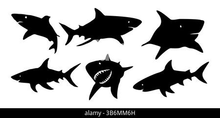 Eine Serie von schwarz-weißen Haifischsilhouetten. Stock Vektor