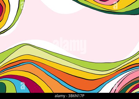 Bunte Abstrakte Retro-Wellenlinien. Groovige Retro-Linien in Pink und Grün. Psychedelisches Design der 70er Jahre. Funky-wirbelnder Hintergrund. Vintage-Pop-Art Stock Vektor
