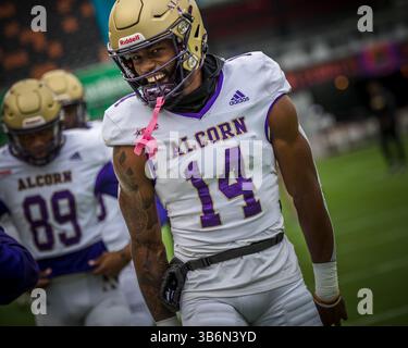 12. November 2023: Der Alcorn State Braves Wide Receiver Monterio Hunt (14) bereitet sich auf das Vorspiel des NCAA-Fußballspiels zwischen den Alcorn State Braves und den Texas Southern Tigers im Shell Energy Stadium in Houston vor. Texas Southern besiegte Alcorn State mit 44:10. Prentice C. James via Cal Sport Media (Bild: © Prentice C. James/CSM via ZUMA Press Wire) Stockfoto