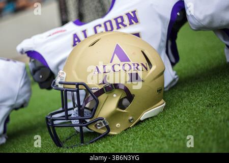 12. November 2023: Ein Alcorn State Braves Helm steht vor dem NCAA-Fußballspiel zwischen den Alcorn State Braves und den Texas Southern Tigers im Shell Energy Stadium in Houston, Texas. Texas Southern besiegte Alcorn State mit 44:10. Prentice C. James via Cal Sport Media (Bild: © Prentice C. James/CSM via ZUMA Press Wire) Stockfoto