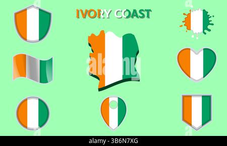 Sammlung von Flaggen und Wappen der Elfenbeinküste in flachem Stil mit Karte und Text Stock Vektor