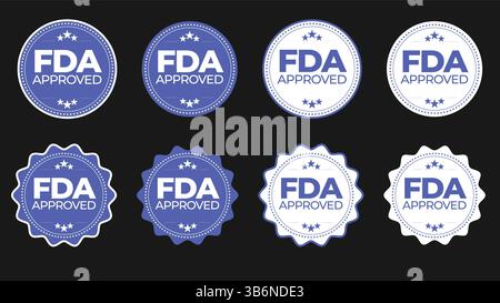Sammlung von FDA-zugelassenen Abzeichen Vektor – hochwertige Zertifizierungsetiketten für Verpackungen und Produkte Stock Vektor