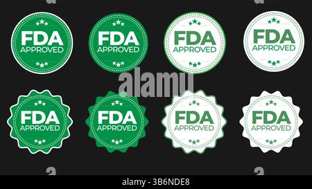 Sammlung von FDA-zugelassenen Abzeichen Vektor – hochwertige Zertifizierungsetiketten für Verpackungen und Produkte Stock Vektor
