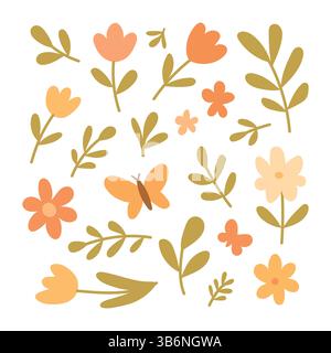 Botanisches Set mit bunten Blumen, grünen Blättern und süßen Schmetterlingen, perfekt für Naturmuster, Blumenkunst, Frühlingsmotive und Gartenmotive Stock Vektor