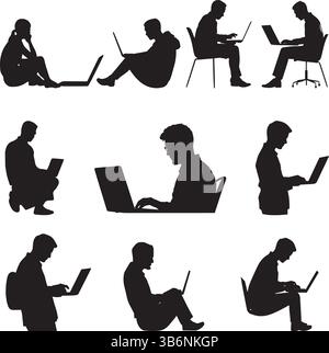 Mann, der an Laptop-Silhouetten arbeitet – minimalistischer Schwarzweiß-Vektorsatz aus Büro- und Remote-Arbeit-Posen Stock Vektor