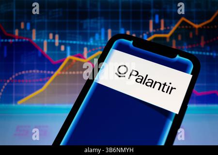 7. März 2024, Asuncion, Paraguay: Das Logo von Palantir Technologies, einem in den USA ansässigen Softwareunternehmen, das Datenanalyse- und Datenintegrationslösungen entwickelt, wird auf einem Smartphone mit visueller Darstellung von Aktien- und Liniendiagrammen angezeigt. (Bild: © Andre M. Chang/ZUMA Press Wire) Stockfoto