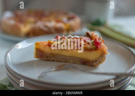 Köstlicher Rhabarberkuchen mit Pudding Stockfoto
