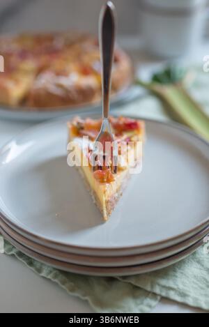 Köstlicher Rhabarberkuchen mit Pudding Stockfoto