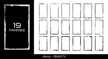 Vektorabbildung. Satz mit 19 Rahmen im Grunge-Stil. Kollektion „Dirty Borders“ auf weißem Hintergrund. Designelemente für Pinselstriche für soziale Medien Stock Vektor