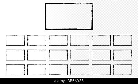 Vektorabbildung. Satz mit 19 horizontalen Rahmen im Grunge-Stil. Sammlung schmutziger Ränder auf transparentem Hintergrund. Designelemente für Pinselstriche Stock Vektor