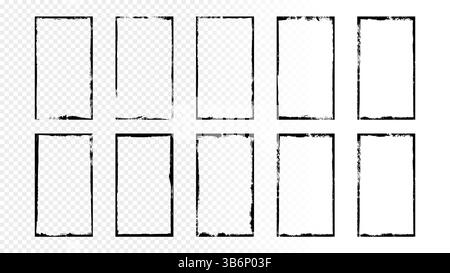 Vektorabbildung. Satz vertikaler Rahmen im Grunge-Stil. Schwarzer, schmutziger Rahmen auf transparentem Hintergrund. Dekorative Designelemente für Flyer Stock Vektor