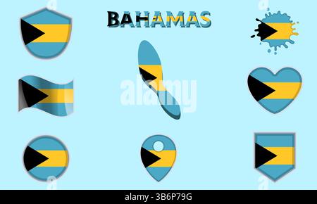 Sammlung von Flaggen und Wappen der Bahamas in flachem Stil mit Karte und Text Stock Vektor
