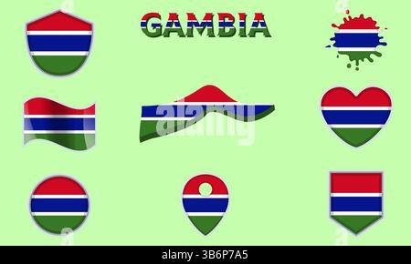 Sammlung von Flaggen und Wappen von Gambia in flachem Stil mit Karte und Text Stock Vektor