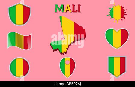 Sammlung von Flaggen und Wappen von Mali in flachem Stil mit Karte und Text Stock Vektor