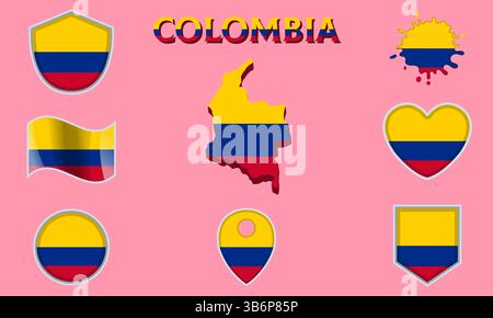 Sammlung von Flaggen und Wappen Kolumbiens in flachem Stil mit Karte und Text Stock Vektor