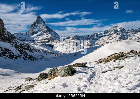 Das berühmte Matterhorn erhebt sich majestätisch über den verschneiten Alpen, dessen scharfer Gipfel sich in den blauen Himmel zieht – eine atemberaubende Winterszene Stockfoto
