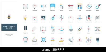 Elektronische Teile und Komponenten, Elemente des elektrischen Stromkreises, technische Farbsymbole. Schematische Darstellung des Transformators und Transistors, Verstärker und Masse, Abbildung des Vektors der Batterie Stock Vektor