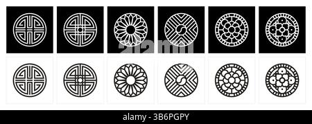 Eine Sammlung von sechs verschiedenen traditionellen koreanischen Mustern, die sowohl in Schwarz auf weiß als auch in weiß auf Schwarz präsentiert werden. Stock Vektor