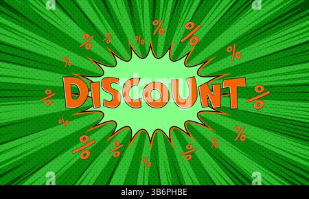 Vektor-grüne Werbebanner mit Textrabatt im Pop-Art-Comics-Stil Stock Vektor