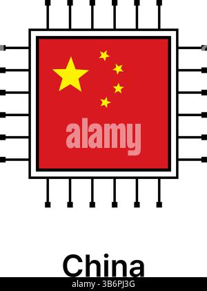 Vektorillustrationssatz von KI-Mikrochips, CPU-Prozessorsymbolen mit Flag. Technologie für künstliche Intelligenz, Halbleiter und Technologie. Stock Vektor