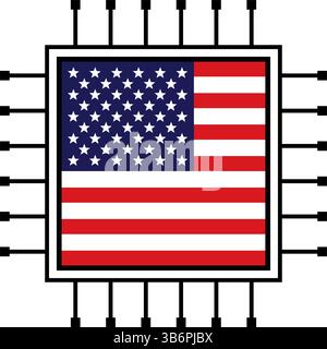 Vektorillustrationssatz von KI-Mikrochips, CPU-Prozessorsymbolen mit Flag. Technologie für künstliche Intelligenz, Halbleiter und Technologie. Stock Vektor