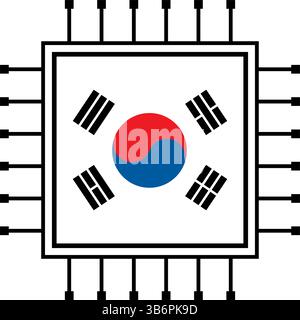 Vektorillustrationssatz von KI-Mikrochips, CPU-Prozessorsymbolen mit Flag. Technologie für künstliche Intelligenz, Halbleiter und Technologie. Stock Vektor