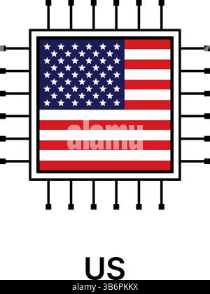 Vektorillustrationssatz von KI-Mikrochips, CPU-Prozessorsymbolen mit Flag. Technologie für künstliche Intelligenz, Halbleiter und Technologie. Stock Vektor