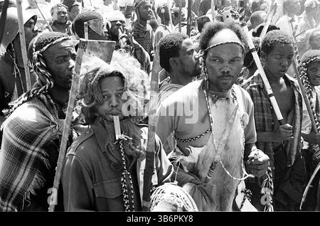1993, Johannesburg, Johannesburg, Südafrika: Mitglieder der ANC Self Defense Units und der IFP Self Protection Units traten in Kraft, als Nelson Mandela vom Afrikanischen Nationalkongress, Mangosuthu Buthelezi von der Inkatha Freedom Party und Pik Botha von der National Party eine Friedenskundgebung östlich von Johannesburg vor den ersten demokratischen Wahlen 1994 in Südafrika ansprachen. (Bild: © John Robinson/ZUMA Press Wire) Stockfoto