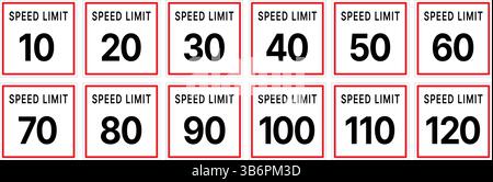 Eine Sammlung von verschiedenen quadratischen Geschwindigkeitsbegrenzungsschildern, die unterschiedliche Geschwindigkeitswerte von 10 bis 65 km/h anzeigen. Stock Vektor