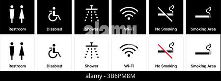 Moderne Vektor-Piktogramme für Toiletten, Männer, Frauen, Behindertenzugang, Treppen, wi-fi, cctv, Fahrstuhl und Rauchverbotsschilder. Stock Vektor
