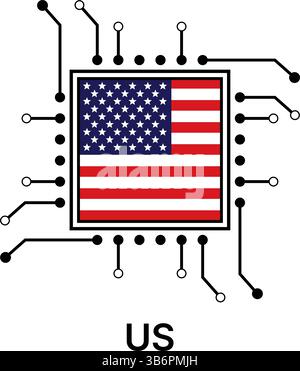 Vektorillustrationssatz von KI-Mikrochips, CPU-Prozessorsymbolen mit Flag. Technologie für künstliche Intelligenz, Halbleiter und Technologie. Stock Vektor