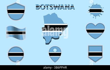 Sammlung von Flaggen und Wappen von Botsuana in flachem Stil mit Karte und Text Stock Vektor