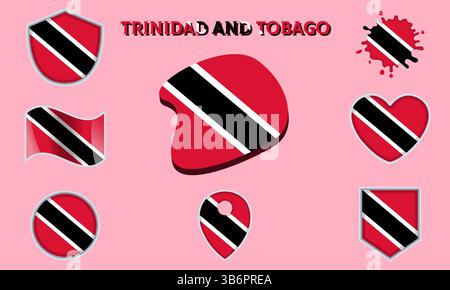 Sammlung von Flaggen und Wappen von Trinidad und Tobagoin flachem Stil mit Karte und Text Stock Vektor