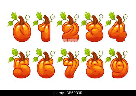 Zahlen 0-9 in Kürbisform zur Dekoration an Halloween oder Thanksgiving. Kürbisnummer für Ihre Design-Grußkarte, Poster, Bildung, Aufkleber Stock Vektor