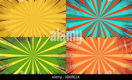 Vektorabbildung. Lustiger, gestreifter horizontaler Hintergrund mit Rasterpunkten. Retro-Comic – leeres buntes Tapetenset. Pop-Art-Stil. Konstruktionselement Stock Vektor