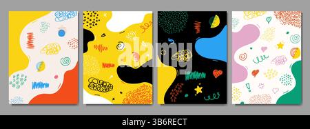 Vektorabbildung. Farbenfroher kindlicher Hintergrund. Handgezeichnetes memphis-Muster Formen und Linien. Designelemente für Cover, Broschüre, Magazin Stock Vektor