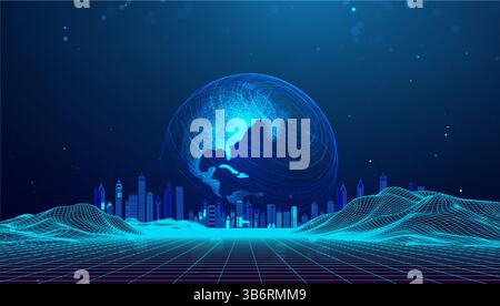 Hintergrund World Tech Network Globe Map Global Abstract Connect Future. Das Vektorerddesign hebt den digitalen Datenfluss hervor. Futuristisches KI-Hologramm Stock Vektor
