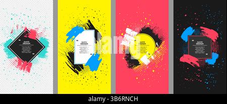 Vektorabbildung. Pinselstrichrahmen für Text. Moderne Kunstgrafiken. Dynamischer Rahmen stilvoller Hintergrund in geometrischen Farben. Tintenspritzer, Halbtonpunkte Stock Vektor