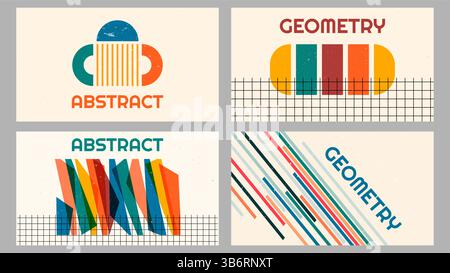Vektorabbildung. Geometrische einfache Formen Hintergrund. Dynamischer abstrakter, flacher Mid-Century-Stil. Designelemente von Webbanner, Website-Vorlage Stock Vektor