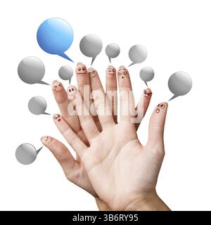 Glücklich Finger Smileys mit bunten Rede bubbles auf weißem Hintergrund Stockfoto