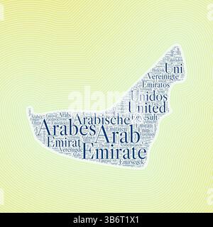 Die Form der VAE wird durch den Ländernamen in mehreren Sprachen gebildet. UAE-Rand auf stilvollem gestreiftem Hintergrund mit Farbverlauf. Lebendiges Poster. Stock Vektor
