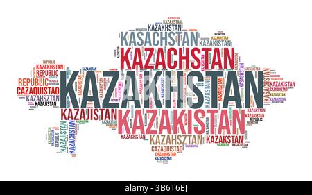 Kasachstan Country Form Wortwolke. Typografie-Stil Länderdarstellung. Kasachstan Bild im Wolkenstil. Vektorabbildung. Stock Vektor