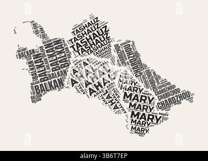 Turkmenistan Word Cloud. Land mit Geschäftsbereich Regionen. Turkmenistan typografischer Text Wolken Vektor-Bilddesign. Stock Vektor