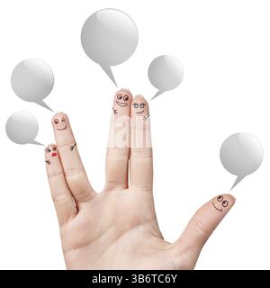 Glücklich Finger Smileys mit bunten Rede bubbles auf weißem Hintergrund Stockfoto