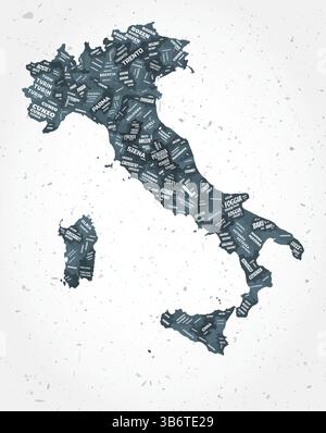 Italien Regionen Wortwolken. Länderform auf strukturiertem Hintergrund. Italienisches Design im typografischen Stil. Kreative Vektorillustration. Stock Vektor