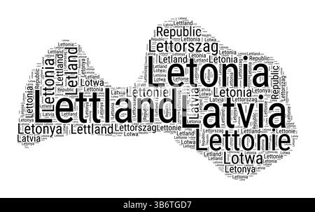Schwarz-weiß-Wortwolke in lettischer Form. Einfache typografische Darstellung des Landes. Schwarze Textwolke aus Lettland auf weißem Hintergrund. Stock Vektor