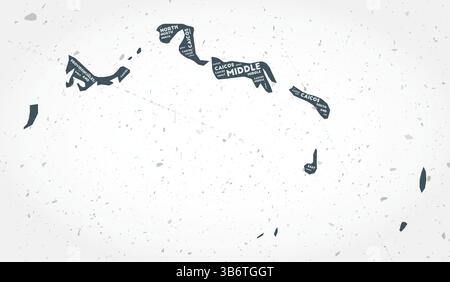 Turks- und Caicosinseln Regionen Wort Wolken. Länderform auf strukturiertem Hintergrund. Turks- und Caicosinseln im typografischen Stil. Stock Vektor