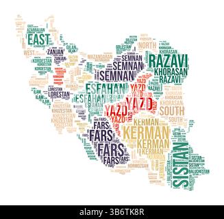 Iran Word Cloud. Länderform mit Gebietseinteilung. Iran Typografie-Stil Bild. Bereichsnamen kennzeichnen Wolken. Vektorabbildung. Stock Vektor